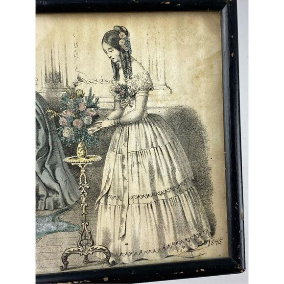 1845 Antique Victorian Ladies Framed Print 6.5in L x 10.5in W BQ1687 - Picture 4 of 8